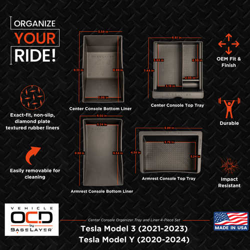 Vehicle OCD by BaseLayer Tesla Model 3 and Model Y Center Console fitment infographic