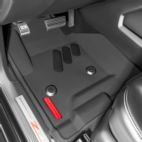 Black all weather floor liners with red logo for Chevrolet Silverado 2500/3500 HD with rear storage