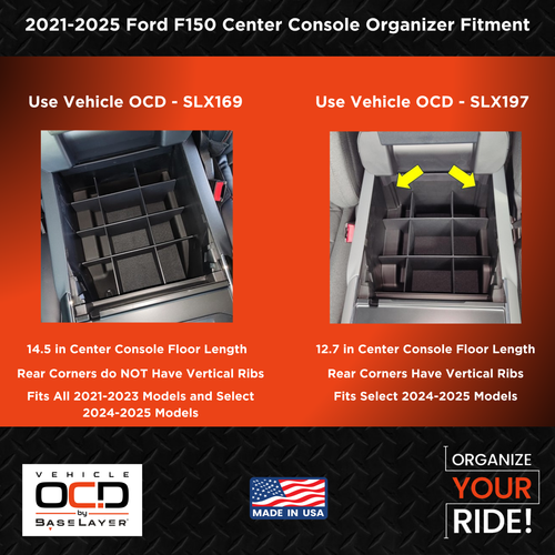 Vehicle OCD by BaseLayer for Ford F150 2024-2026 - Center Console Organizer (updated center console size) Fitment comparison