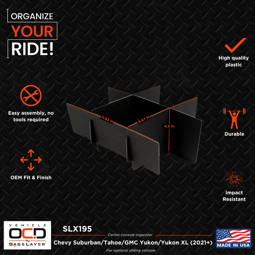 Chevrolet Suburban, Tahoe and GMC Yukon, Yukon XL (2021-2026)- Center Sliding Console Organizer Dimensions Infographic