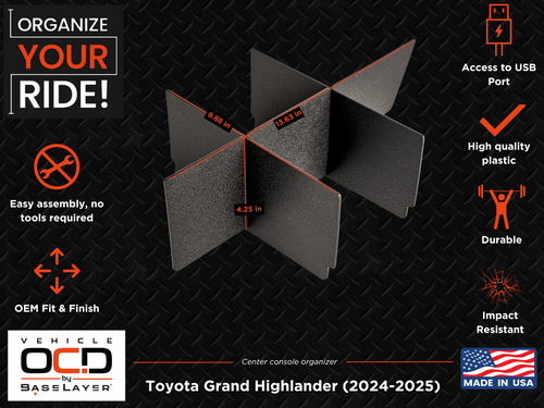 Dimensions Infographic of the Vehicle OCD Organizers by BaseLayer Toyota Grand Highlander - Center Console Organizer 2024-2025