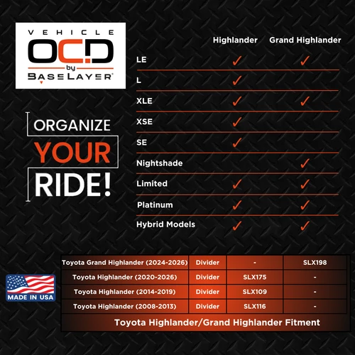 Vehicle OCD Organizers by BaseLayer Toyota Highlander - Center Console Organizer Fitment Chart