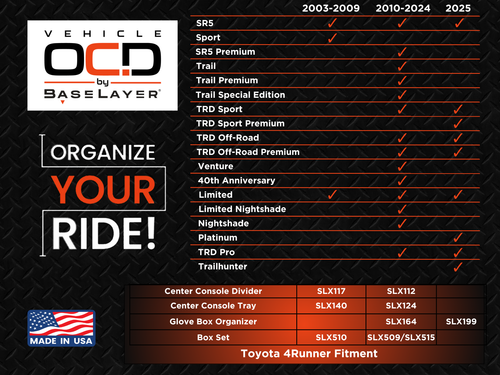 Vehicle OCD by BaseLayer glove box organizer for the Toyota 4Runner 2025+ Fitment Infographic.