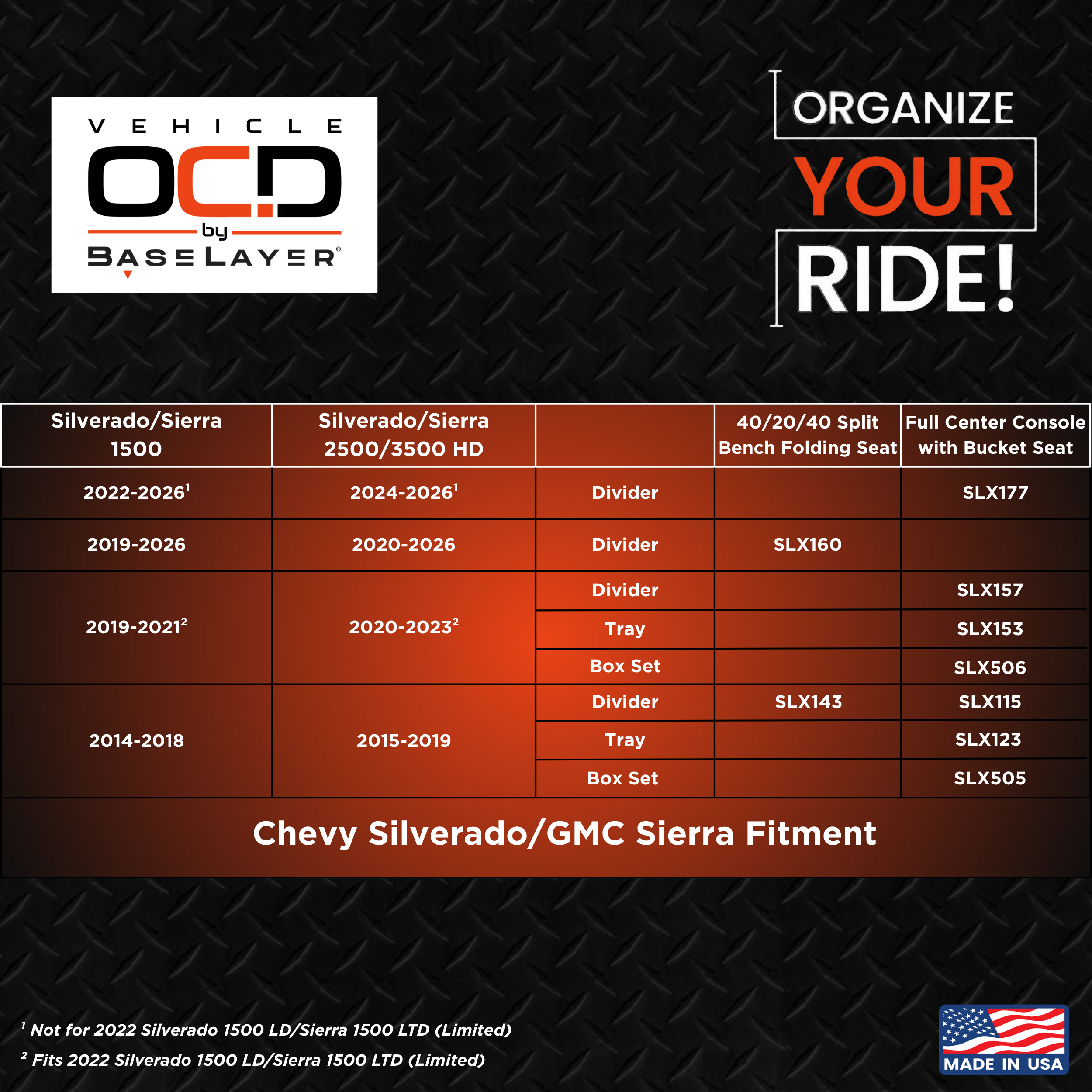 Veicolo OCD Divisore E Vassoio Organizer Per Chevy Silverado/GMC Sierra 2019-2020: Console Centrale, In ABS Nero, Made In USA