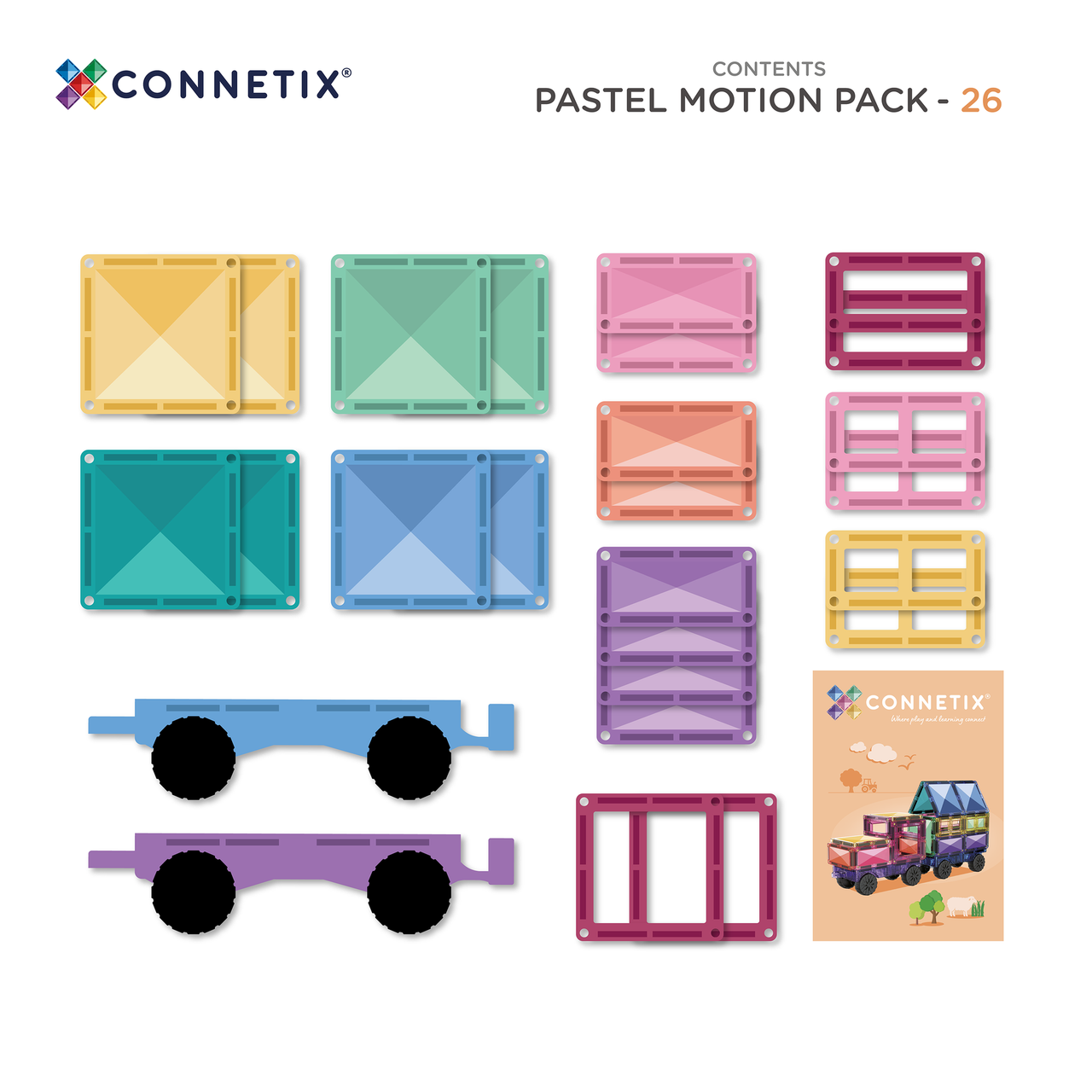 Prezentare generală a tuturor pieselor setului Connetix Pastel Motion Pack 26