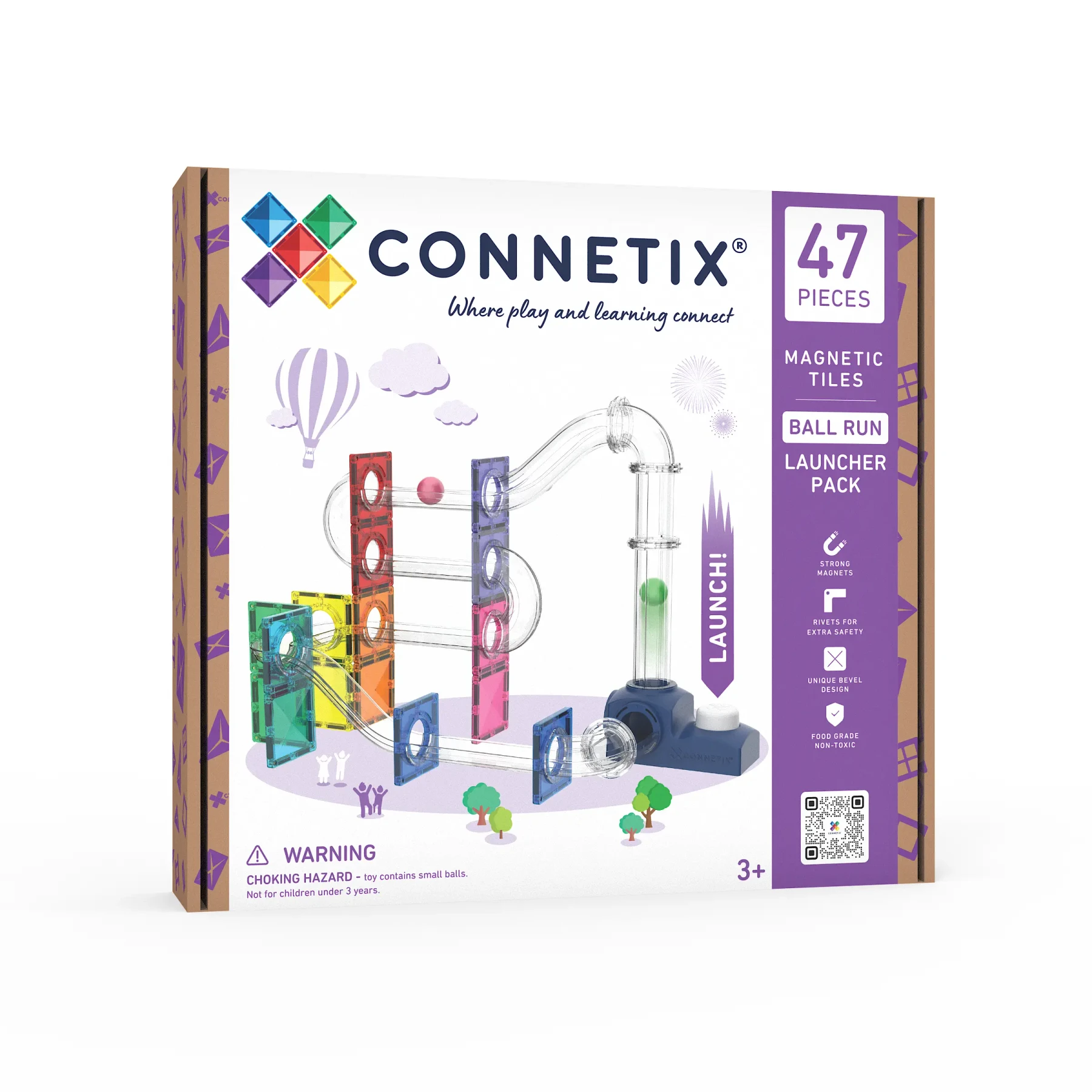 Balení CONNETIX Ball Run Launcher Pack se 47 díly kuličkové dráhy s odpalovačem