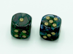 One pair of 16mm Lustrous Shadow d6 Dice with Gold pips.
