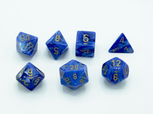The Vortex Blue polyhedral 7-die set that is a blue base with gold numbers.