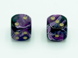 One pair of16mm Vortex Purple d6 gice with gold pips.