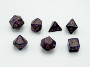 Speckled Hurricane Polyhedral 7-Die set that is purple with black speckles and gold numbers.