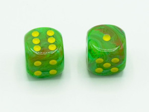 One pair of 16mm d6 Vortex Slime Dice with Yellow pips.