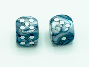 One pair of 16mm d6 Lustrous Slate Dice with White pips