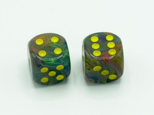 One pair of 16mm Festive Rio d6 dice with Yellow pips .