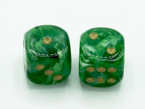 A pair of 16 mm Vortex Green d6 dice with gold pips.