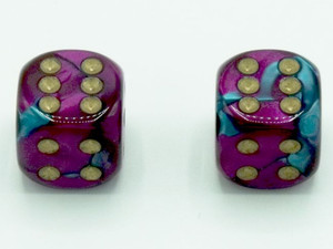 One pair of 16mm d6 Gemini Teal-Purple dice.