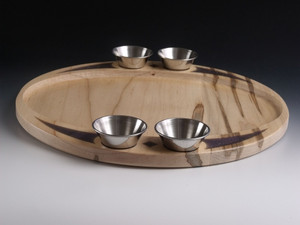 Side view of the ambrosia maple serving tray with purple resin and stainless steel cups.