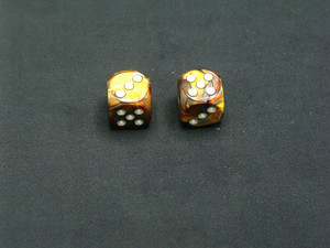 Two 16mm d6 Lustrous Gold Dice with Silver pips