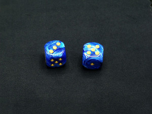 A pair of 16mm Vortex Blue d6 dice with  gold pips.