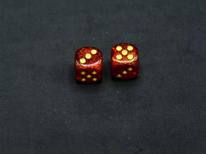 A pair of 16mm Glitter Ruby Red d6 dice with gold pips.