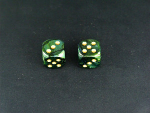 A pair of 16mm Scarab Jade d6 dice with gold pips.