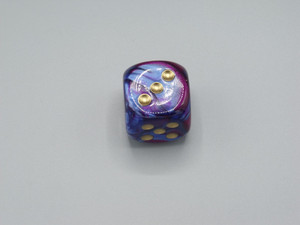 One 30mm Gemini Blue-Purple die with gold pips.