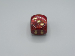 One 30mm Glitter Ruby Red die with Gold Pips.