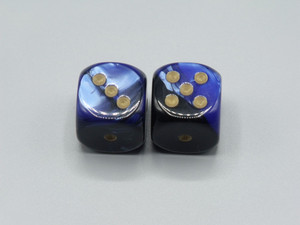 20mm Dice Gemini Black-Blue with Gold pips d6 - pair of 2