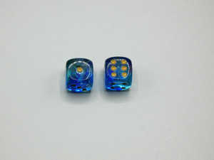A pair of 16mm Nebula Oceanic d6 dice with Gold pips.