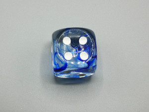 One 30mm Nebula Dark Blue die with White Pips.