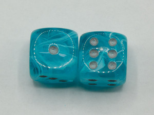 16mm d6 Cirrus Aqua dice with Silver pips - pair of 2 16mm d6 Cirrus Aqua dice with Silver pips - pair of 2