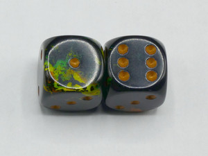 A pair of 16mm d6 Dice in Brush Deep Forest with Gold pips.