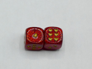 16mm d6 Glitter Ruby Red Dice with Gold Heart pips - pair of 2