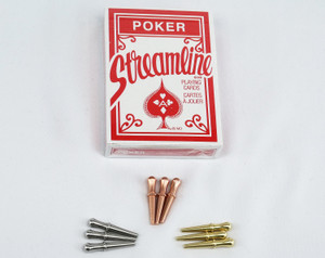9 cribbage pegs with a red deck of cards.  The pegs are steel, copper, and brass.