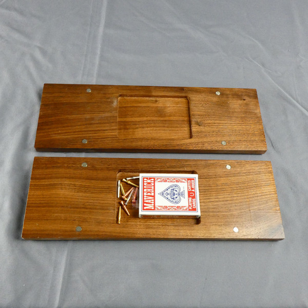 Open Walnut 3 Player Cribbage board showing the cards and pegs in the internal storage compartment.