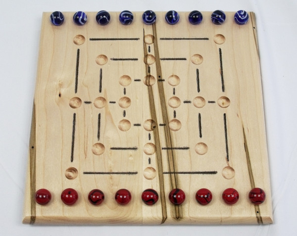 A Nine Man Morris Game in ambrosia/wormy maple with the marbles in their starting position.