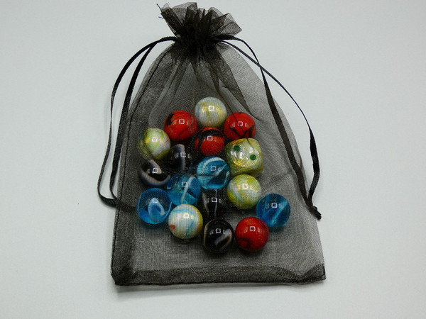 The marbles and die in the storage bag.