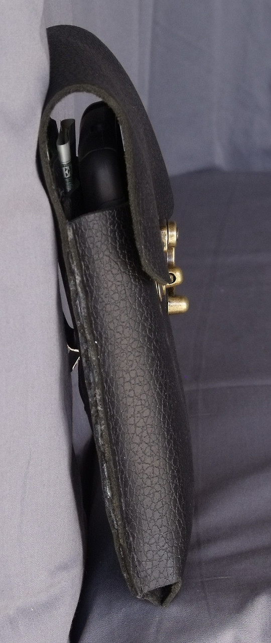 A side-view of the phone holster with a phone and dollar bills visible.