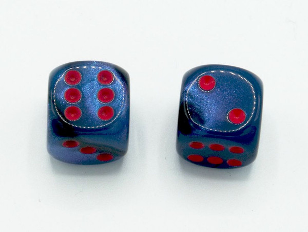 One pair of 16mm Gemini Black-Starlight d6 dice with red pips.