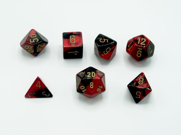 Polyhedral 7 die set - Gemini Black-Red with Gold pips