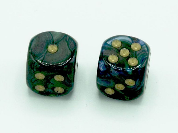 One pair of 16mm Lustrous Shadow d6 Dice with Gold pips.