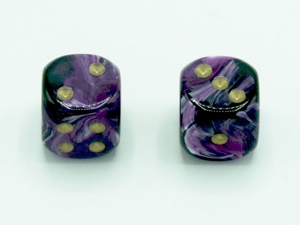 One pair of16mm Vortex Purple d6 gice with gold pips.
