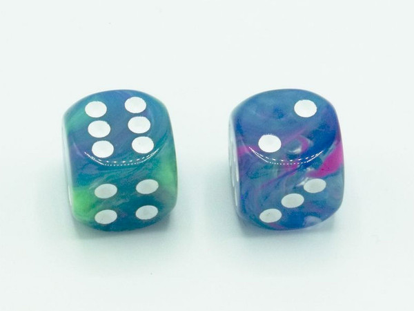 One pair of 16mm Festive Waterlily d6 dice.