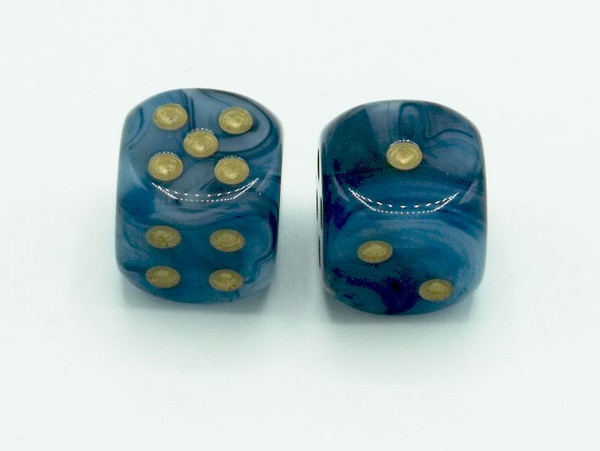 One pair of 16mm Phantom Teal d6 dice with gold pips.