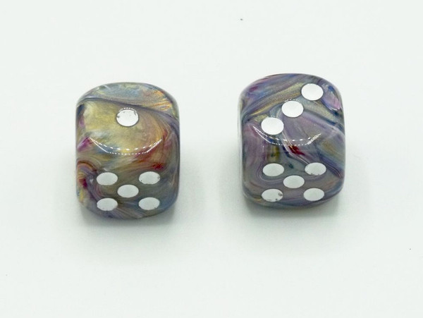 One pair of 16mm Festive Carousel d6 Dice with white pips.