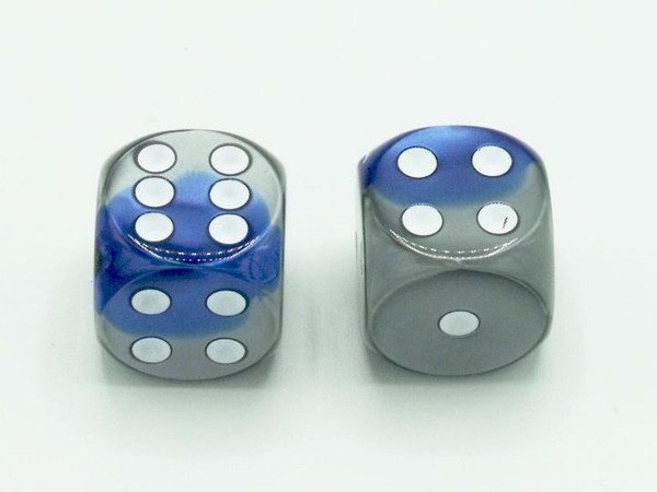One pair of 16mm d6 Gemini Blue-Steel dice.