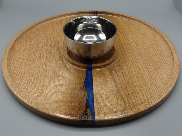 16" Serving Tray with Stainless Steel Bowl #1 in oak with blue epoxy