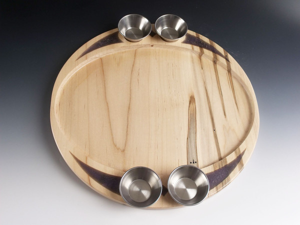 Top view of the ambrosia maple serving tray with purple resin and stainless steel cups.