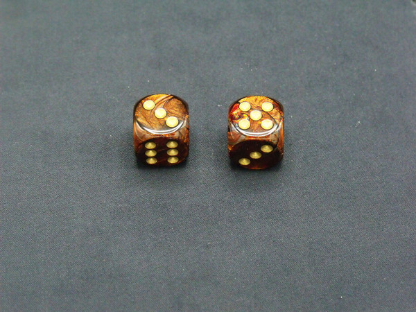 16mm d6 Scarab Blue Blood with Gold pips - pair of 2