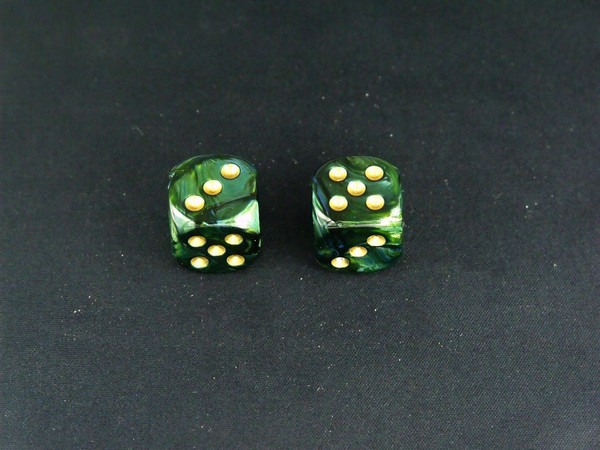 A pair of 16mm Scarab Jade d6 dice with gold pips.