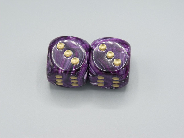 Two 30mm Vortex Purple dice with gold pips.